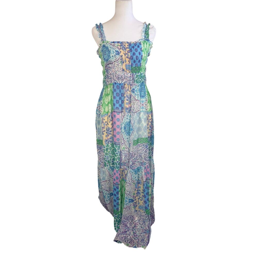 Boho Smocked Patchwork Print Maxi Dress - Blue Green Pink Yellow